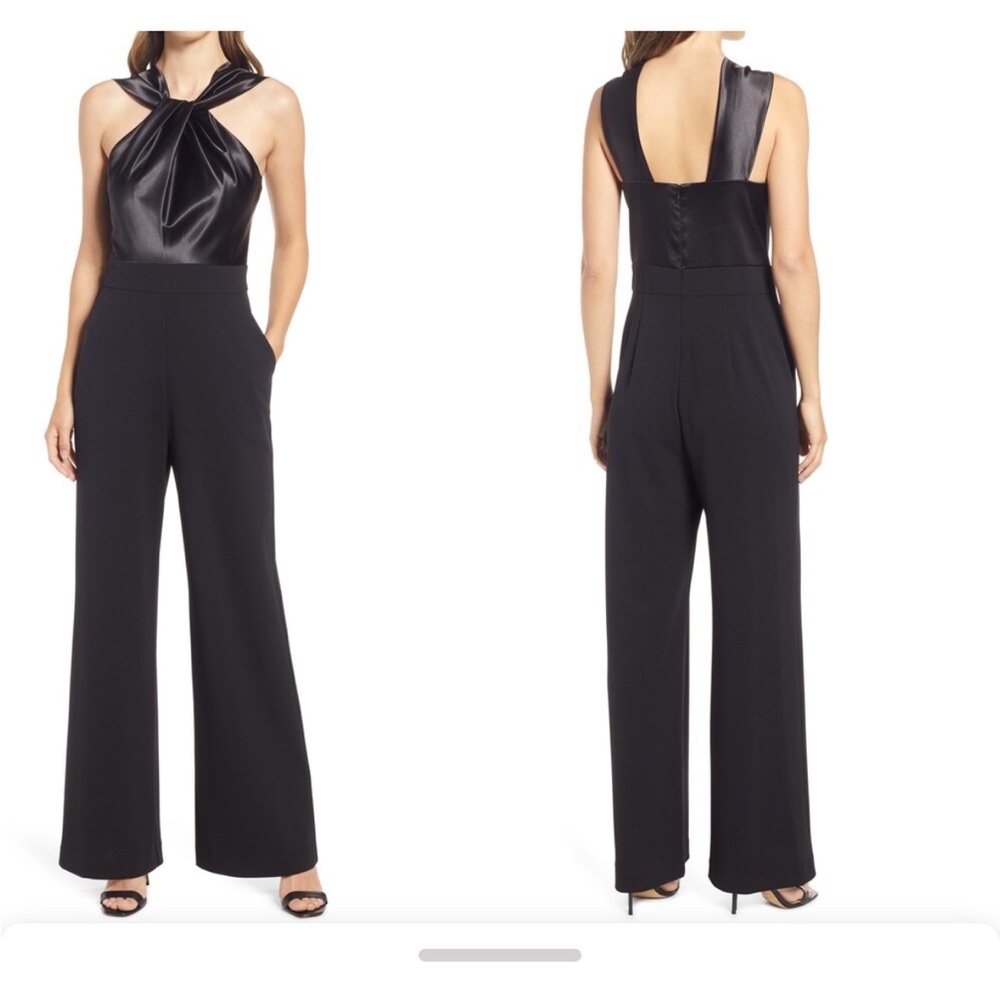 Eliza J Satin & Crepe Black Twistneck Jumpsuit